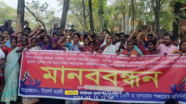 সিলেটে বকেয়া মজুরি ও রেশনের দাবীতে মানববন্ধন কর্মসূচি পালন - Banglar Mati